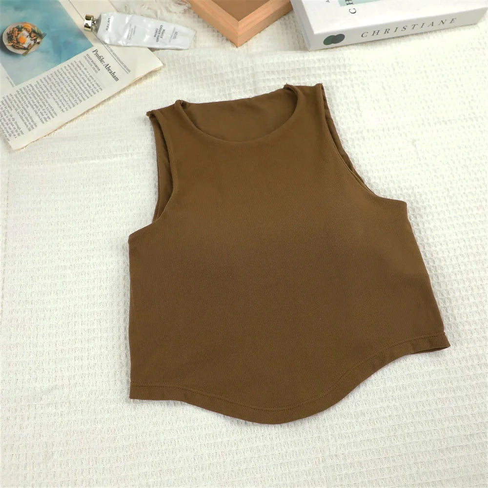 Summer Women Tank Tops Solid Color Camisole with padded Bra sexy Off Shoulder O Neck Elastic Tank Top Casual Sport Vest