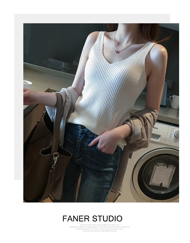 Summer Casual Tank Top Women Sleeveless Knitted T-Shirts Female Elastic Slim Vests Crop Tops Tanks & Camis Pullover Shirts