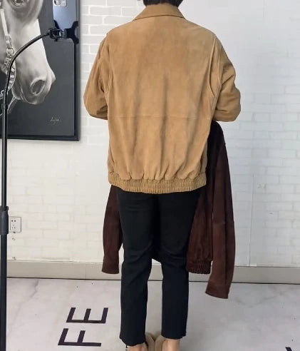 Brown Suede Jacket Spring Women Sheepskin Vintage Old Money Style Wide Shoulder Casual Baseball Leather Coat Giacca Pelle Donna