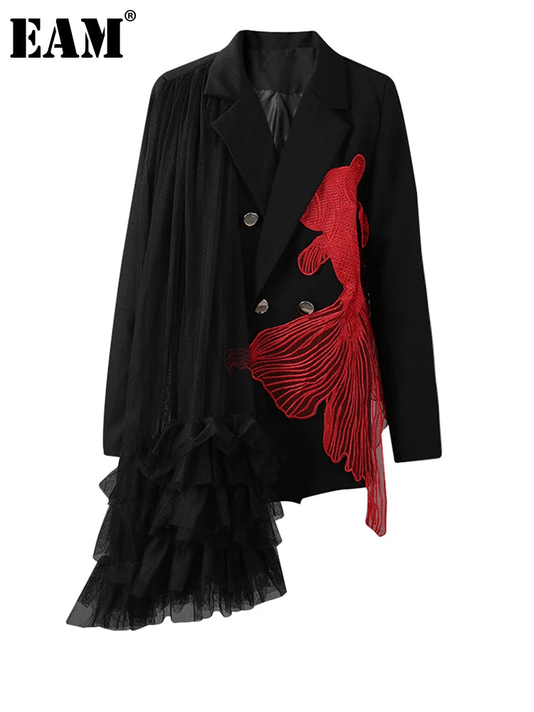 [EAM] Women Black Mesh Irregular Fish Spliced Big Size Blazer New Lapel Long Sleeve Jacket Fashion Spring Autumn 2026 CPG2902