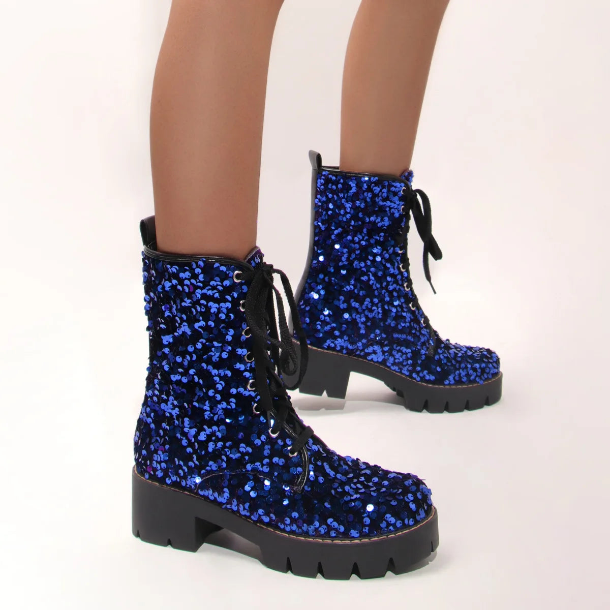 2025 New Fashion Women Shoes Front Lace Up Sequin Short Boots Coarse Heel Stage Show Ankle Boots Ladies Party Casual Short Boots