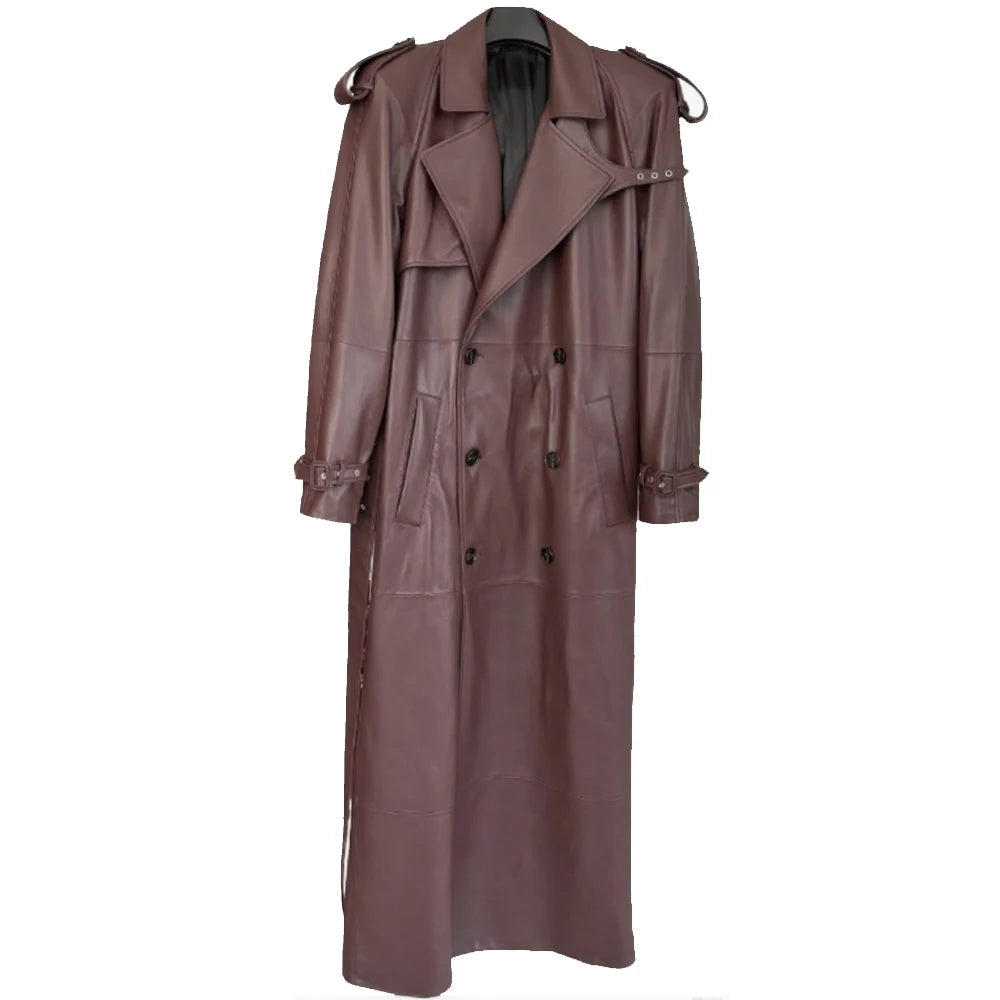 Suede Burgundy Long Coat Double Breasted Windbreak Length 150cm Women's Real Suede Coat