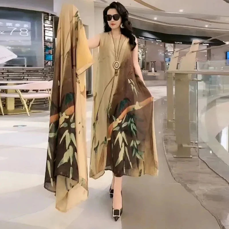 Authentic Silk Dress for Mother, Silkworm Loose Dress, High-End Print, 2-Piece Dress, Women's Dresses, Spring, Summer, New, 2023