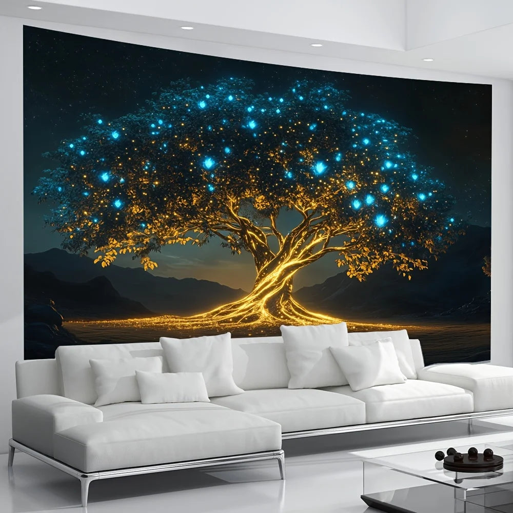 VIKAMA Enchanted Glowing Tree Tapestry Golden Trunk Living Room Sofa Backdrop Wall Decor Ins-Style Room Accent