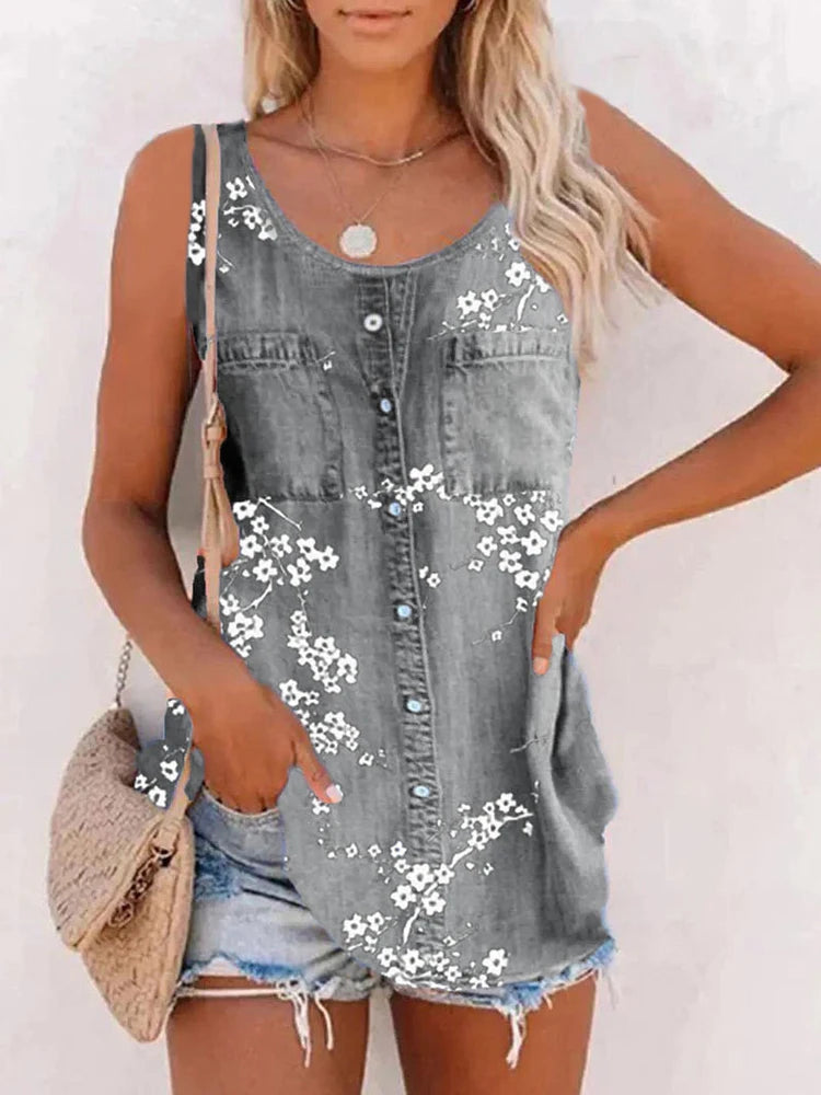 Summer New Tank Tops Fashion Loose O Neck T-shirts Imitation Cowboy Vest Women Casual Sleeveless Tops Blouse Street Wear