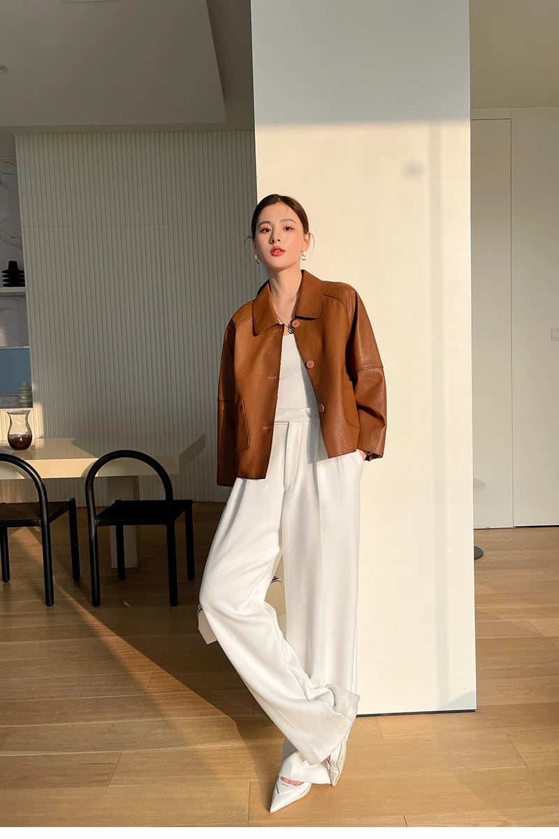 High-end Simple Natural Sheepskin Coats for Women 2025 New Trend Casual Single-breasted Lychee Texture Genuine Leather Jacket
