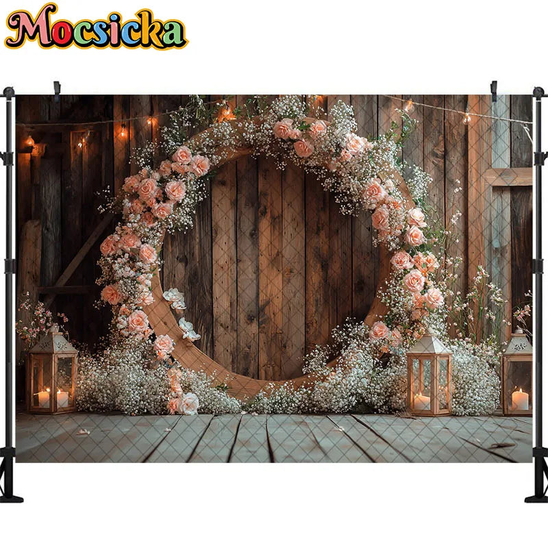 Wedding Theme Photography Background Round Wreath Wooden Wall Decoration Couple Wedding Scene Supplies Backdrop Studio Props