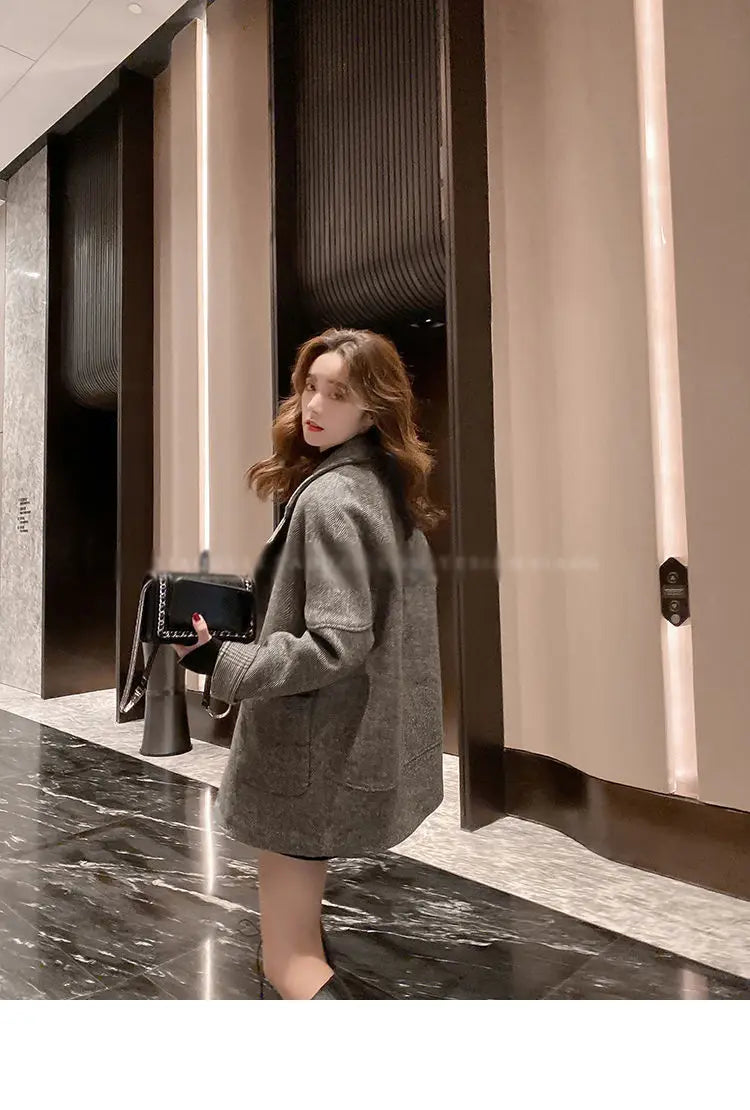 Woolen Suit Jacket for Women Autumn Winter Korean Loose Casual Blazers Thick warm Pocket Turndown Collar Women's Coat