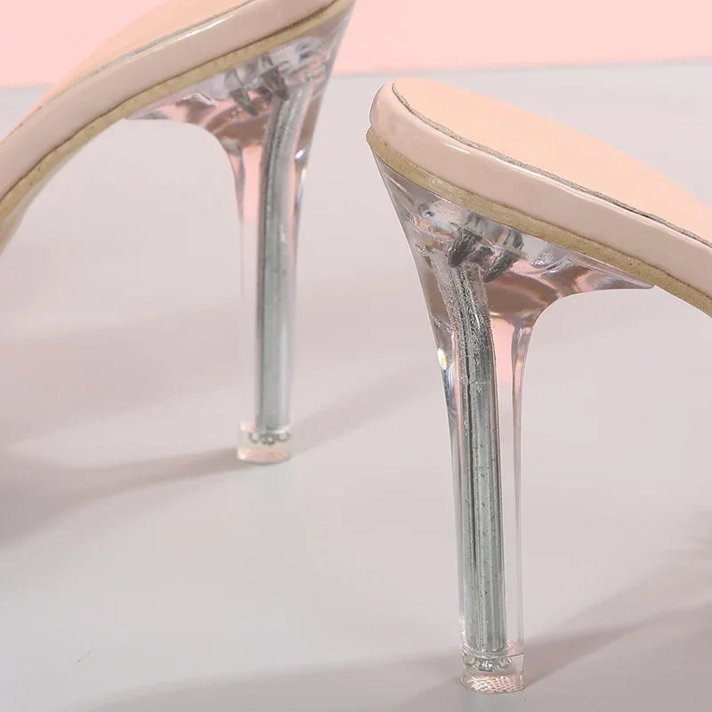 Women's Slippers 2024 Pink Feather Peep Toe Pointed Slippers Sexy Slip on Clear Heel Slides Women Thin Heels Summer Footwear