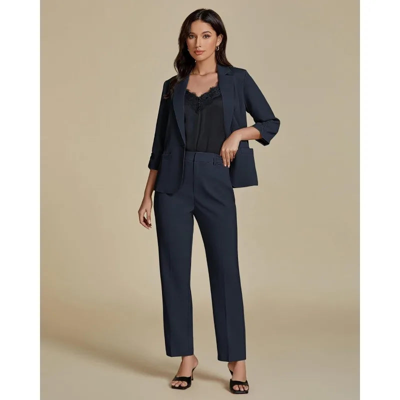 Pant Suits for Women Dressy 2 Piece Business Casual Outfits 3/4 Sleeve Blazer Straight Leg Pant Sets Office Work