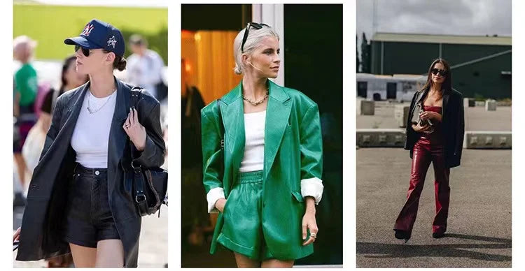 European American Streetwear Leather Jacket For Women Chic Loose Fit Suit Coat Female Flip Pocket Two Bottons White Blazer Mujer