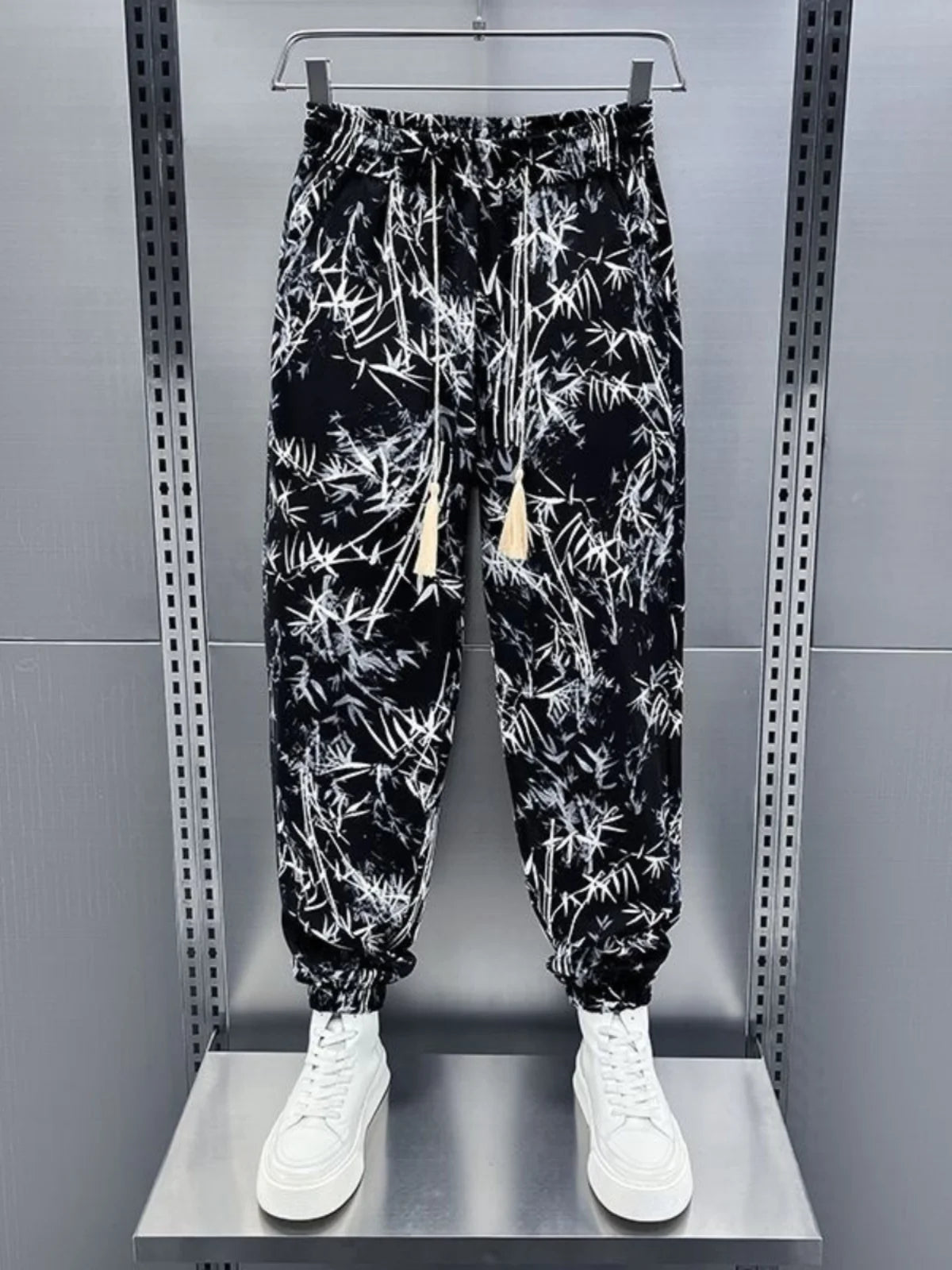 Ice Silk Men's Casual Fashionable Bamboo Leaf Print Sports Pants Loose Fit Long Trousers Youth Summer Active Wear