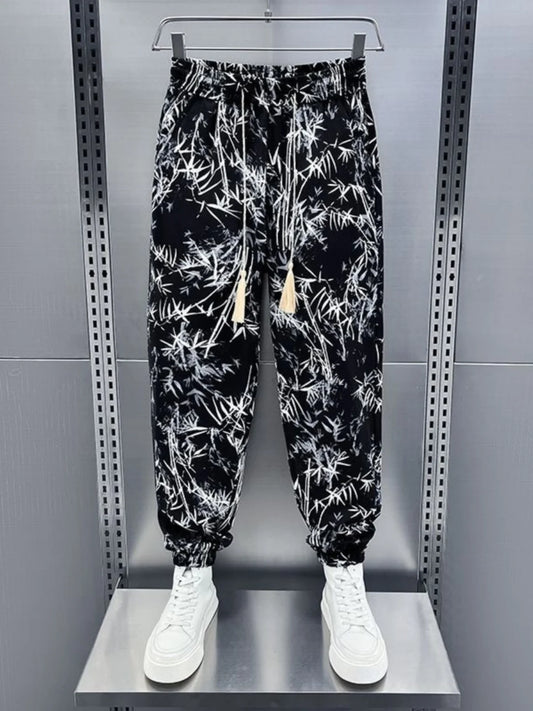 Ice Silk Men's Casual Fashionable Bamboo Leaf Print Sports Pants Loose Fit Long Trousers Youth Summer Active Wear