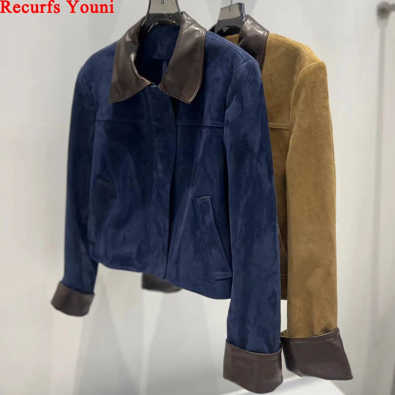 European Imported Suede Jacket Women 2025 Autumn Winter Branded New Contrasting Leather Coat Navy Blue Short Locomotive Casacos