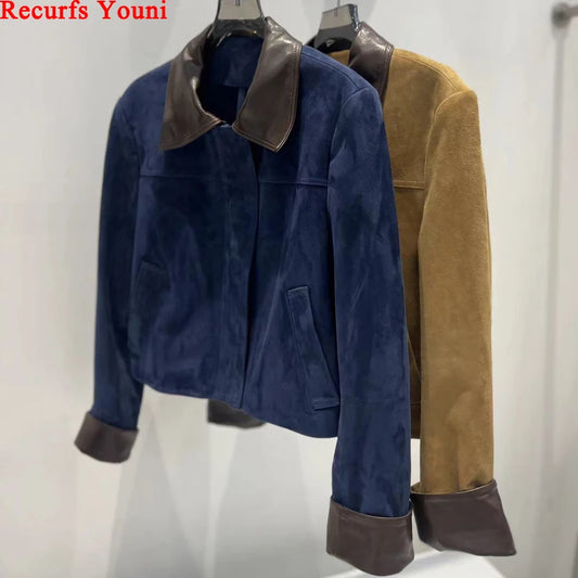 European Imported Suede Jacket Women 2025 Autumn Winter Branded New Contrasting Leather Coat Navy Blue Short Locomotive Casacos