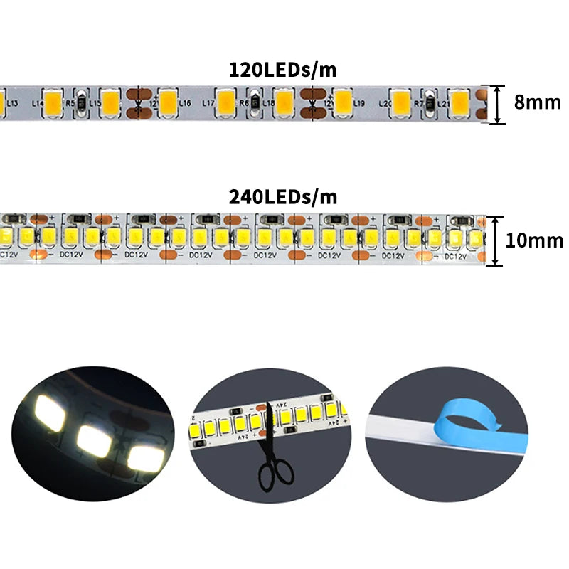 5m DC12V LED Strip light SMD 2835 120LED/m 240LED/m Self Adhesive Flexible Strip Ribbon Home Decor Light Kitchen Lighting
