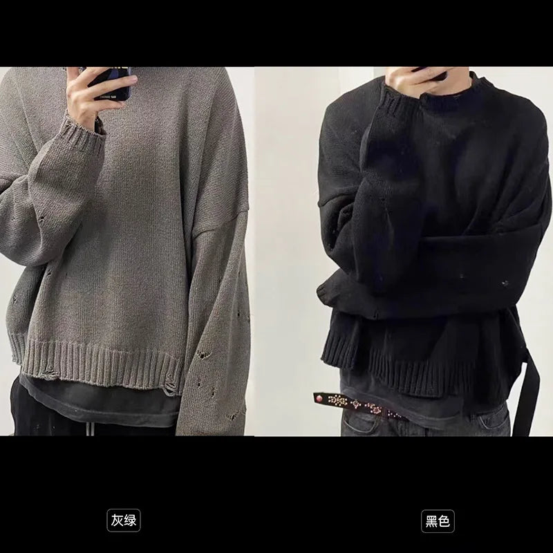 Owen Seak Men Knitted Sweater Gothic Style High Street Men's Clothing Bottoming Shirt Spring Black Baggy Pullover