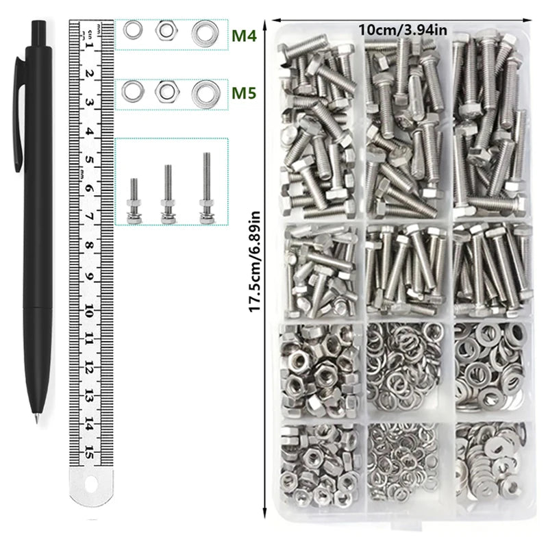 120/240/480pcs Stainless Steel Nuts and Bolts Assortment Kit, Including 6 Sizes Hex Bolts,Flat Washers, Lock Washers.