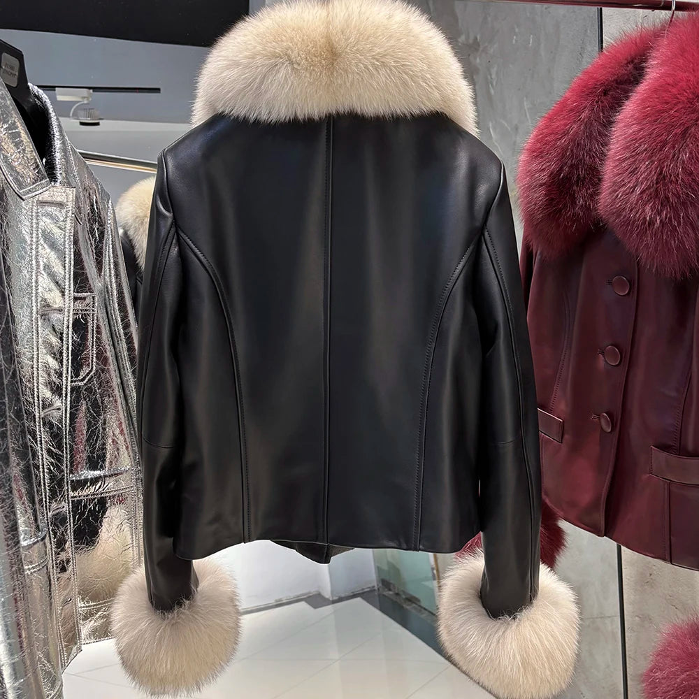 YOLOAgain Women's Mongolia Sheep Fur Collar Real Leather Jacket Single Breasted