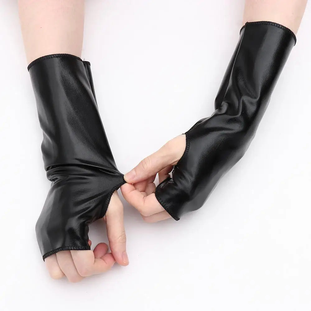 Men Women Hip-Hop Dance PU Mittens Black Gloves Halloween Leather Gloves Dress Up