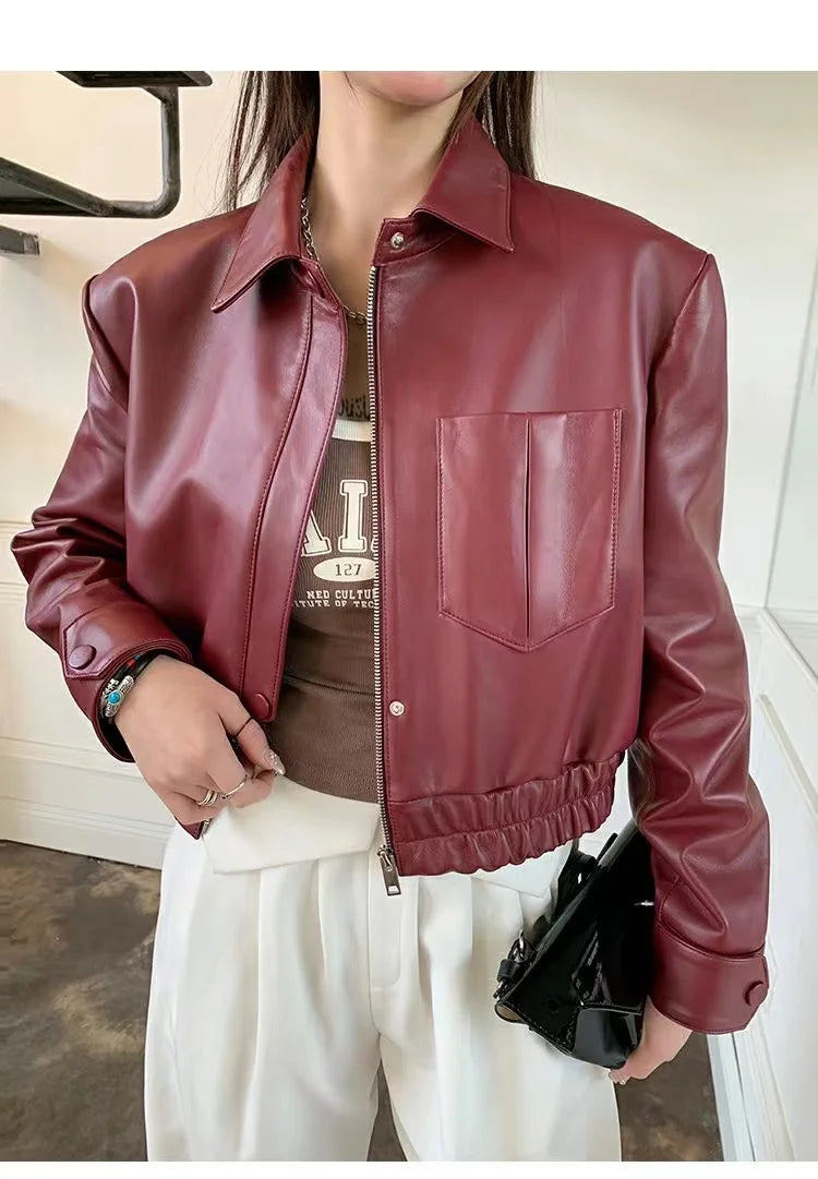 European 2025 New Fashion Short Leather Jacket For Women Casual Elastic Band Waist Top Clothing Mujer Varsity Claret Veste
