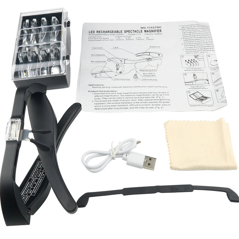 Magnifying Glasses Magnifier1.5X 2.5X 3.5X 5.0X USB Rechargeable With LED Light For Reading Jewelers Watchmaker Repair Wearing