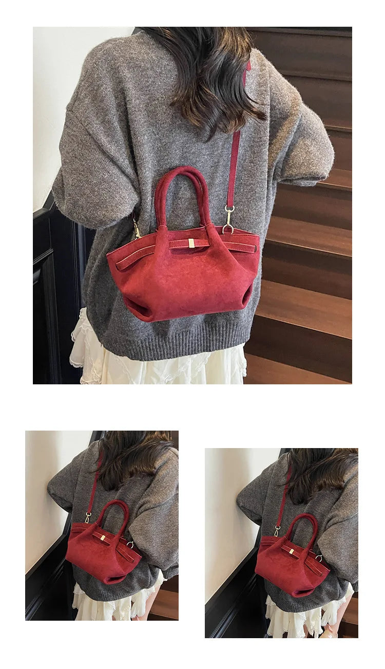 Matte Leather Suede Tote Handbags for Women Large Capacity Retro Shoulder Bag Fall Winter Belt Design Female Crossbody Bags