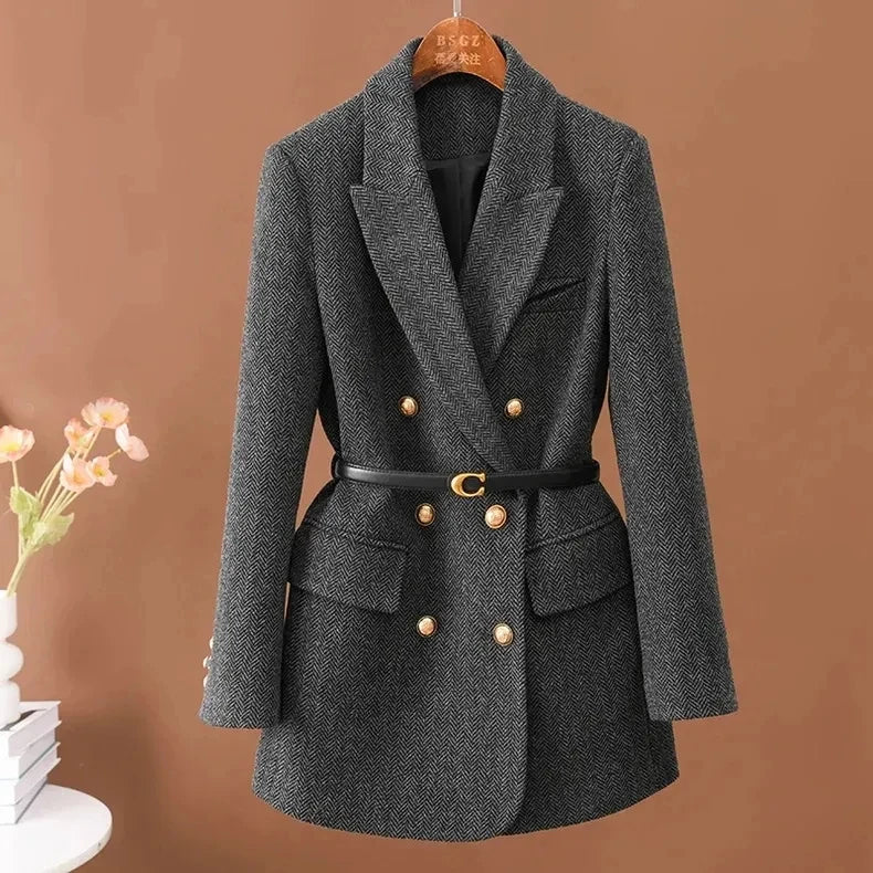 2025 New Women Long-Sleeved Suit Jacket Woolen Coat Double-Breasted Fashion Suit Mid-Length Jacket Women Autumn Winter Outwear