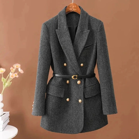 2025 New Women Long-Sleeved Suit Jacket Woolen Coat Double-Breasted Fashion Suit Mid-Length Jacket Women Autumn Winter Outwear