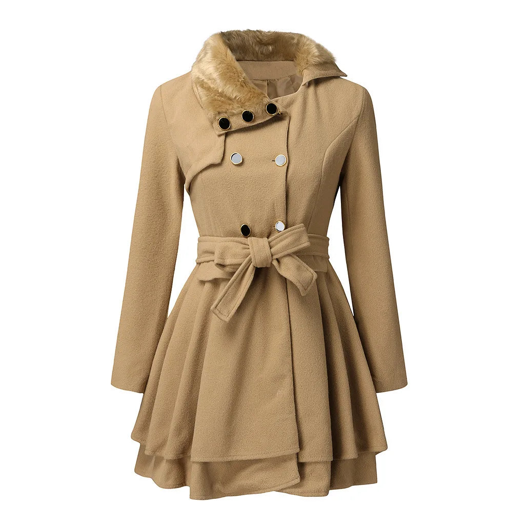 European and American Women's Wool Coat with Wide Skirt Hem and Fur Collar Women's Double-Breasted Wool Trench Coat