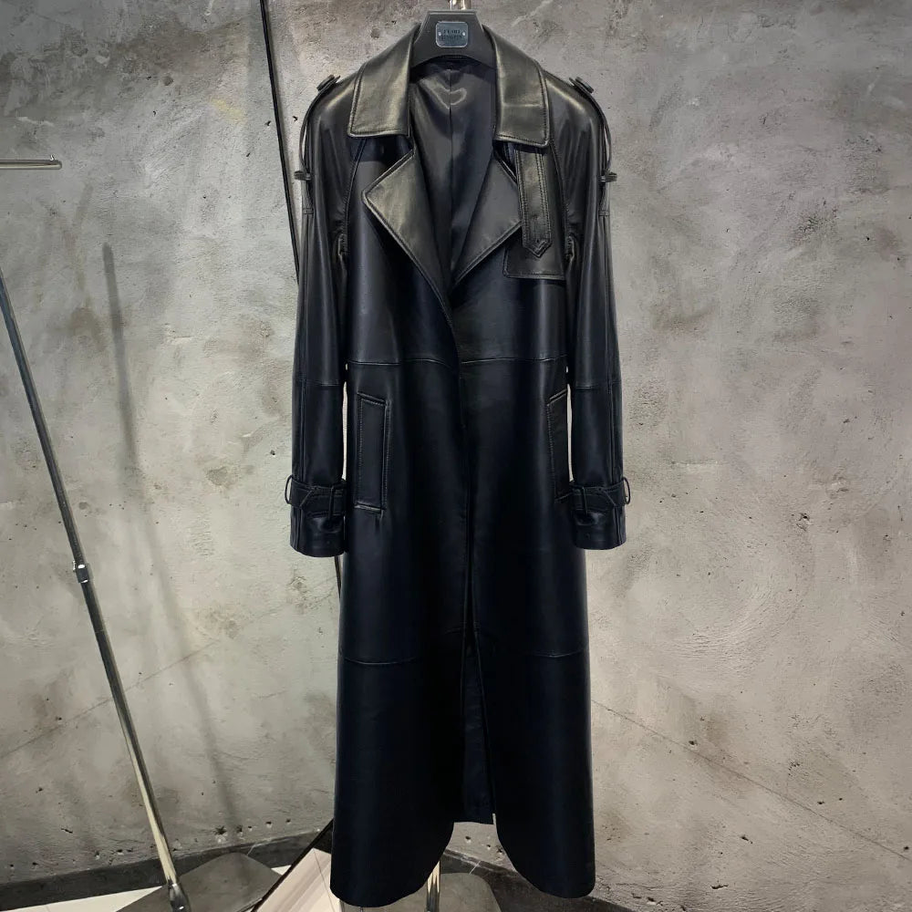 Leather Coat Orange Long Ladies Real Sheepskin Coat Genuine Sheep Leather Windbreak Long 21018