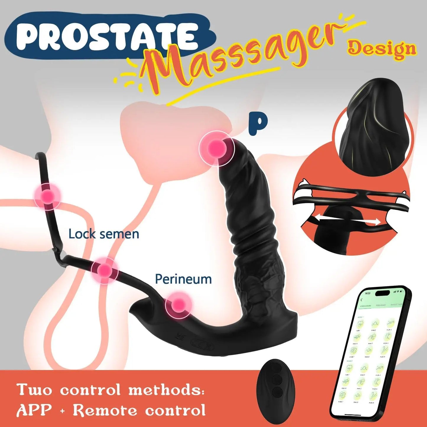 Male Sex Toy for Man Gay Couple Pleasure，5-in-1 Prostate Massager Thrusting Anal Vibrator ，Dual Silicone Cock Ring with APP&Re