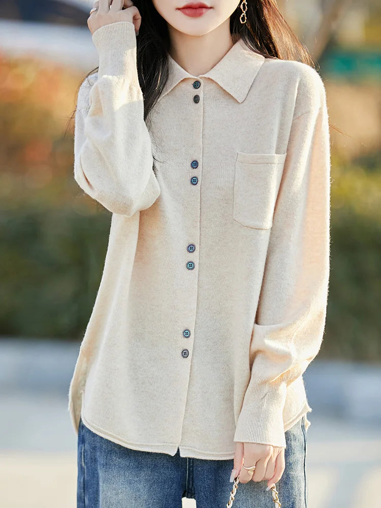 POLO Collar Wool Sweater 100 Pure Wool Spring And Autumn New Knitted Women Loose And Slimming Cardigan ZA682