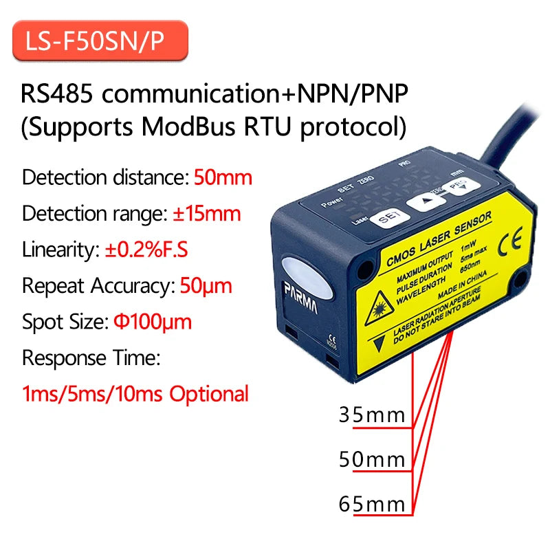 The laser displacement sensor features high-precision distance measurement and thickness detection, with rs485 switch analog out