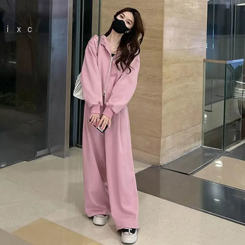 Pant Sets Two Pieces Hooded Hoodies Matching Sets Zipper Sweatshirts Long Sleeve Loose Drawstring Straight Pants Casual
