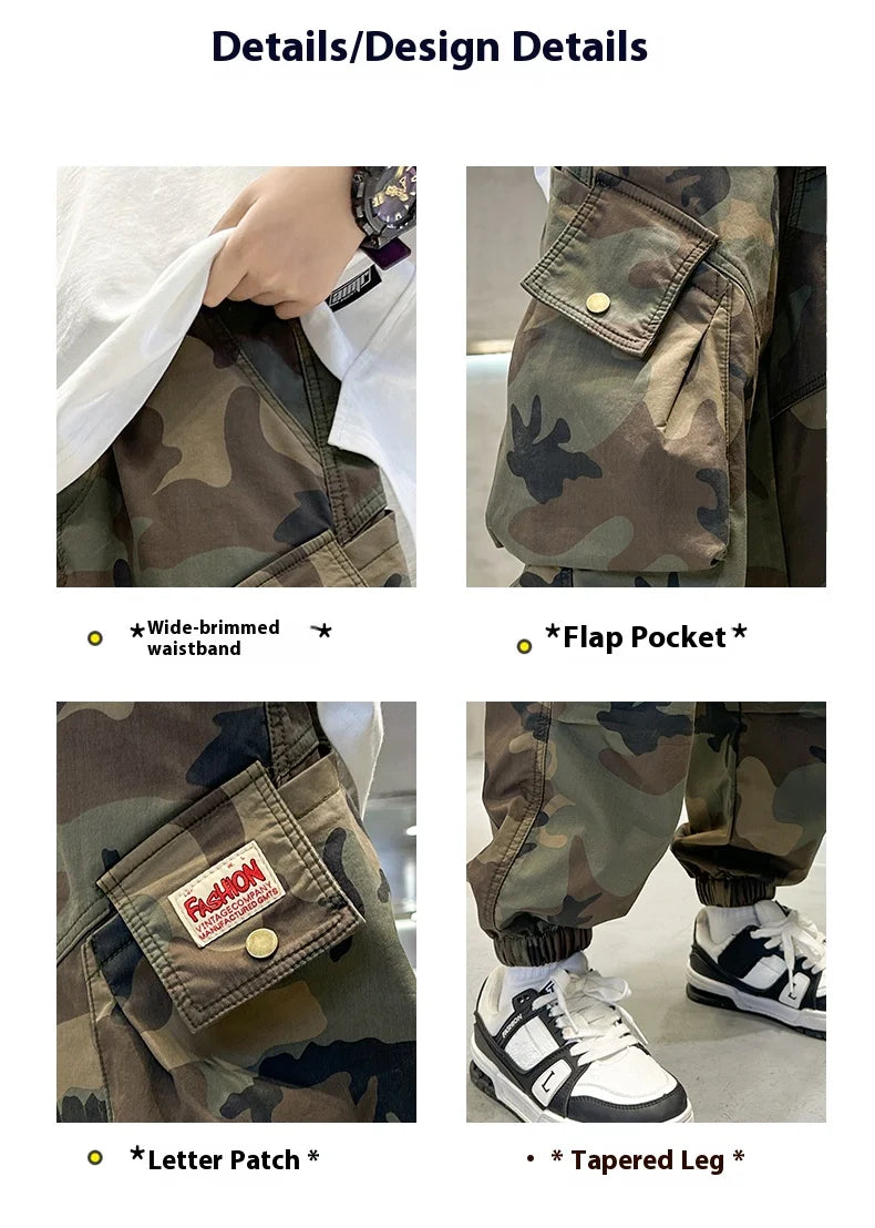 Boys' camouflage pants, fashionable flip pocket work pants, autumn clothes, teenagers' sports ankle tied pants, suitable for com
