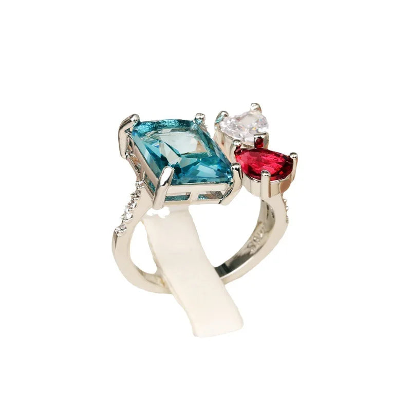 925 Sterling Silver Sterling Silver Geometric Design Blue Red Premium Ring Fashion Banquet Wedding Ladies Light Luxury Jewelry