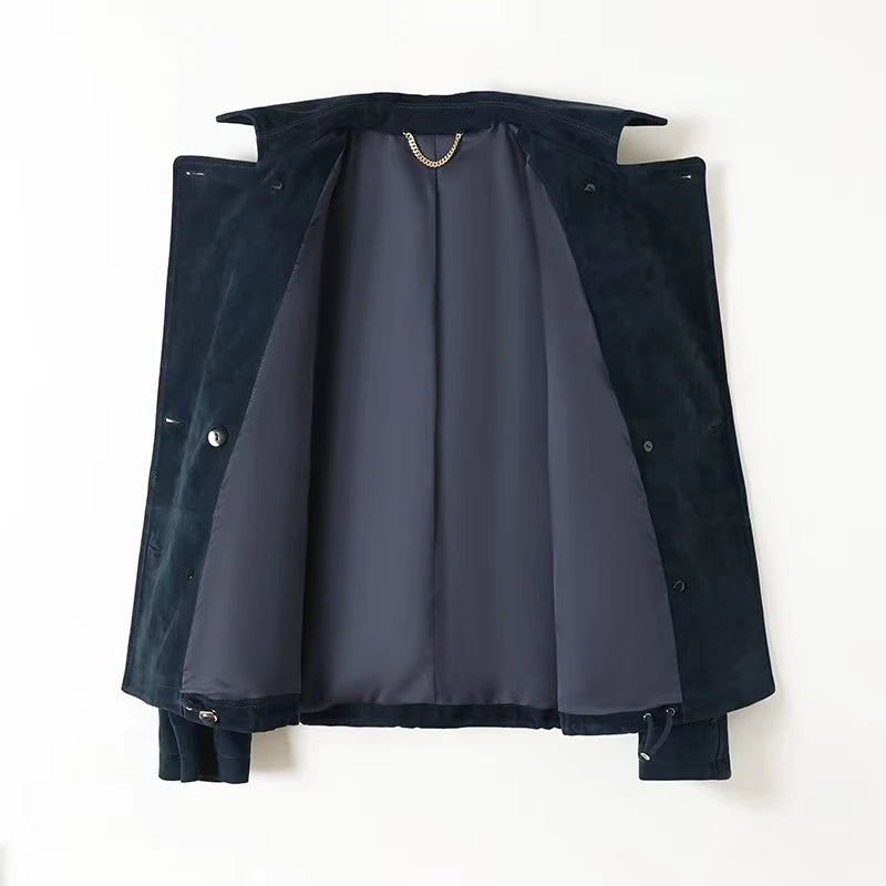 Kid Suede Leather Jacket for Women Branded New 2025 Old Money Double Breasted Short  Jacket Femme Big Lapel Epaulet Trench Coat