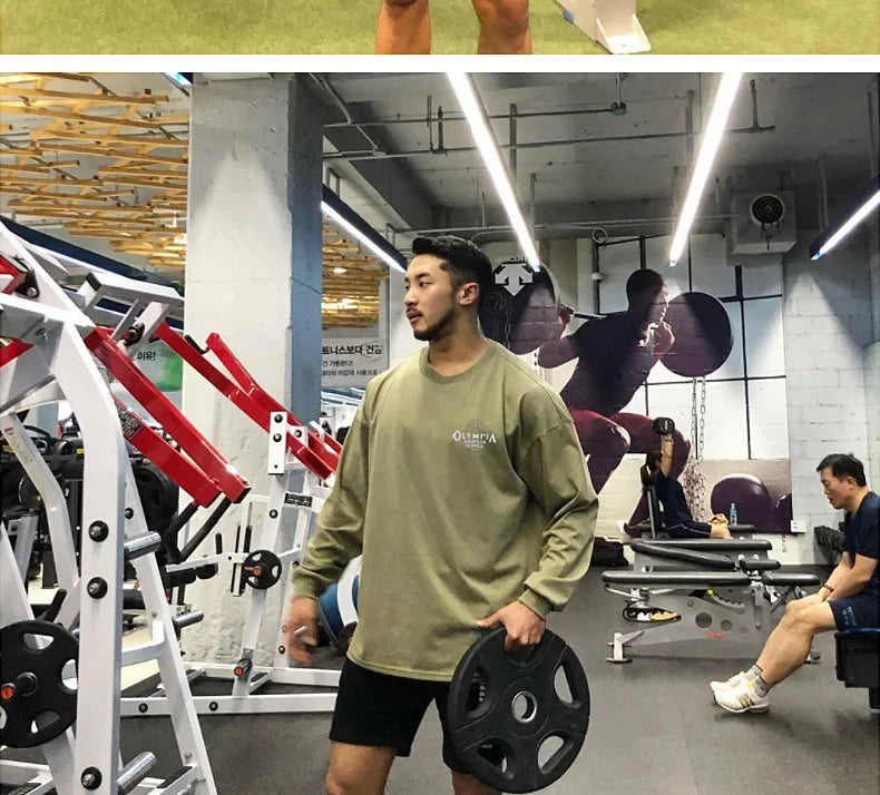 Men's Cotton Casual Long Sleeve T-shirt Man Gym Fitness Sweatshirt O-Neck Running Training Tops Male Workout Clothing Undershirt