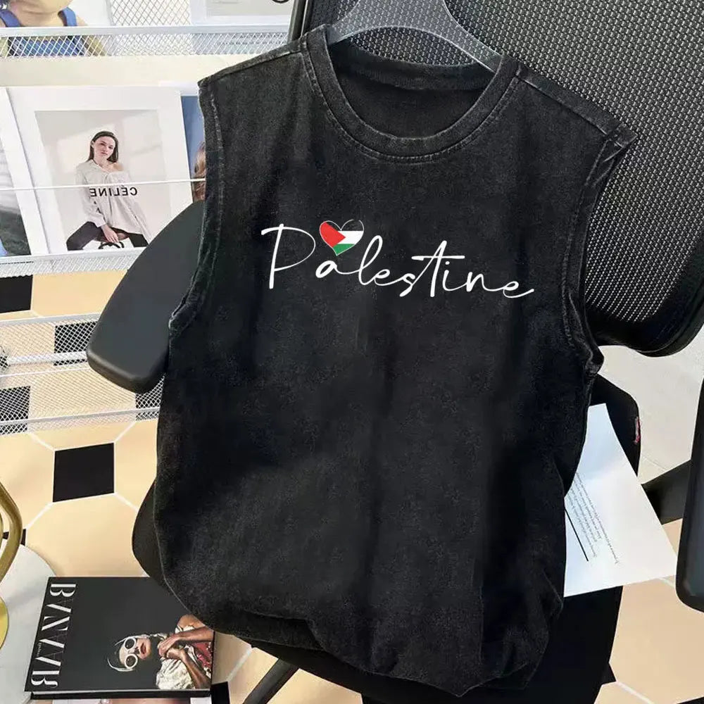 Palestine Heart Scribble Graphic T-Shirt Mens Tank Tops Gym Clothing Vintage Washed Women Y2k Clothes Oversized Sleeveless Vest
