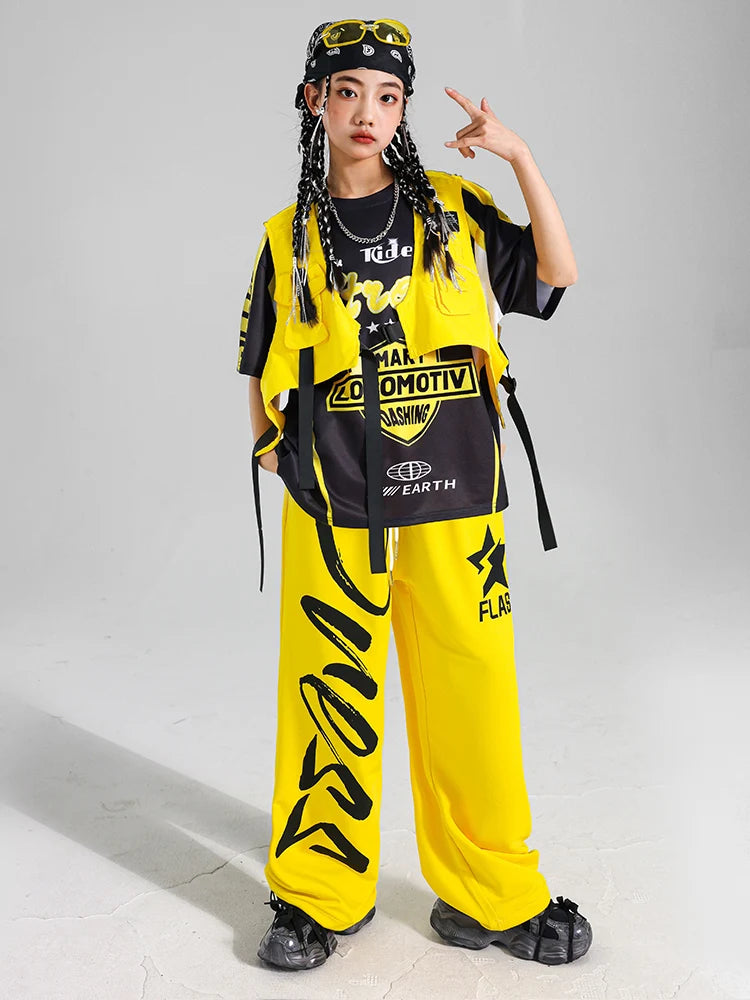 Boys Hip Hop Contrast T-shirt Yellow Vest Sweat Pants Girls Street Dance Jazz Costume Children Clothes Set Kids K-pop Streetwear