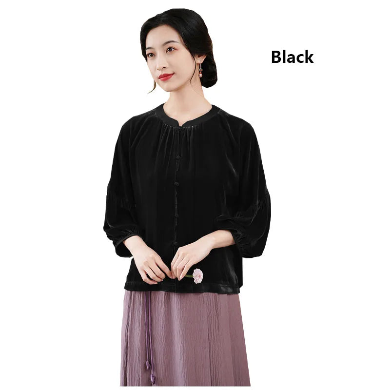 Silk Velvet Shirt for Women, Elegant Temperament Shirt, Mulberry Silk, Vintage Blouse, Violet Light, Comfortable, Spring Autumn