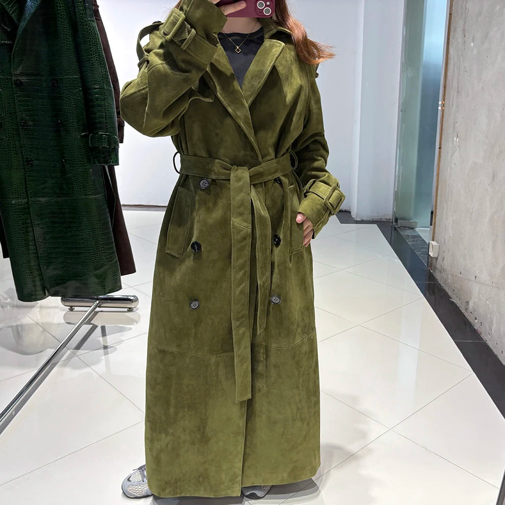 YOLOAgain Double Breasted Suede Jacket Coat Women Real Leather Trench Coat