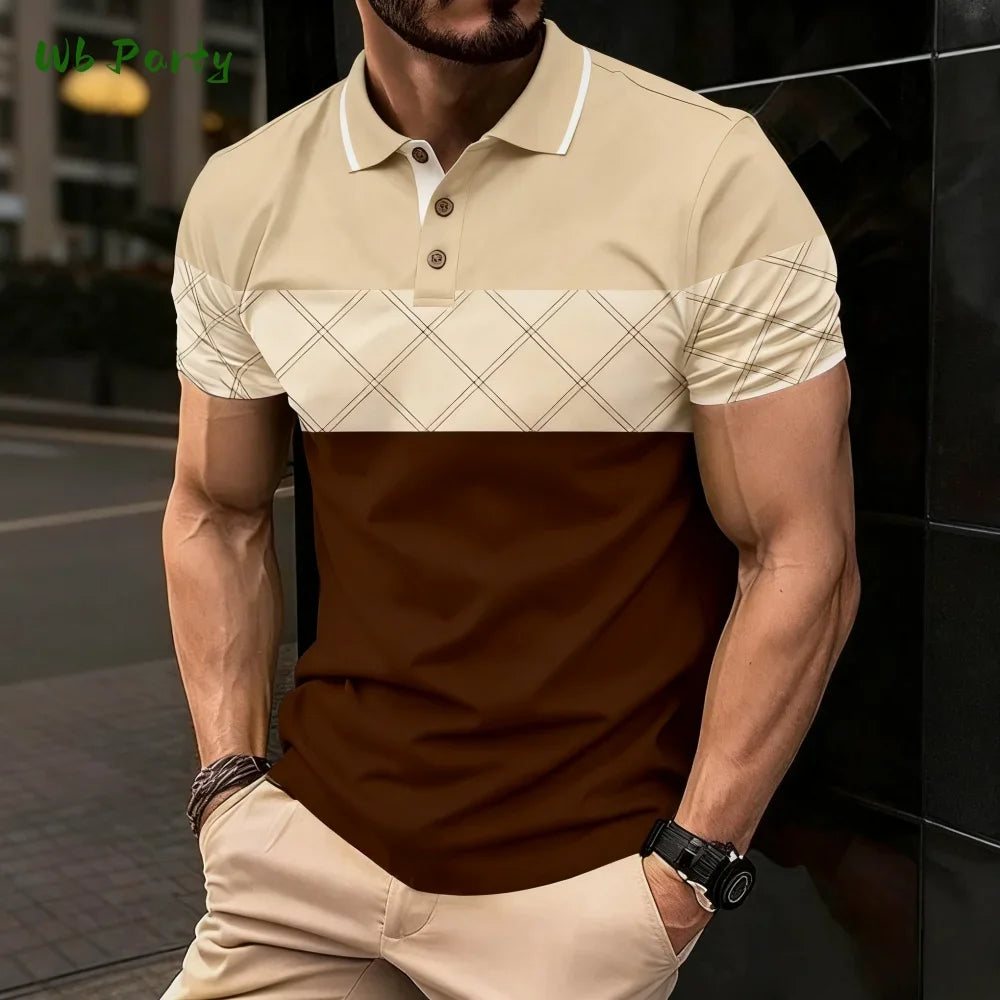Summer men's polo men's casual short-sleeved polo shirt with striped color block design, sporty polo style collar polo shirt for