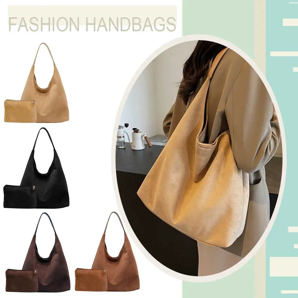 Women Suede Shoulder Bag Large Capacity Tote Bag Trendy Retro Handbag with Pocket for Work Travel Shopping