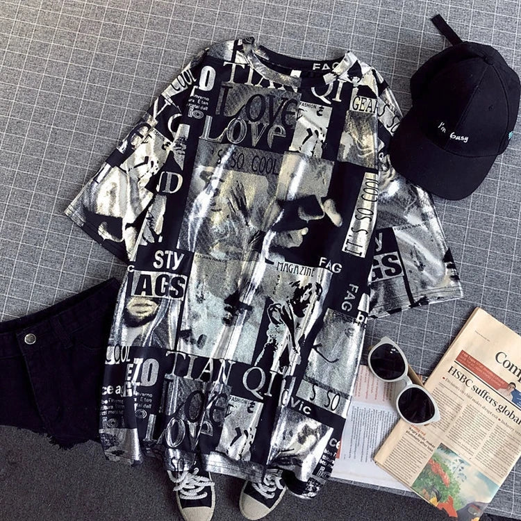 Summer New Style Cec Women's Oversized Loose Short Sleeve T-Shirt Harajuku Style Street Fashion round Neck Mid-Length Top