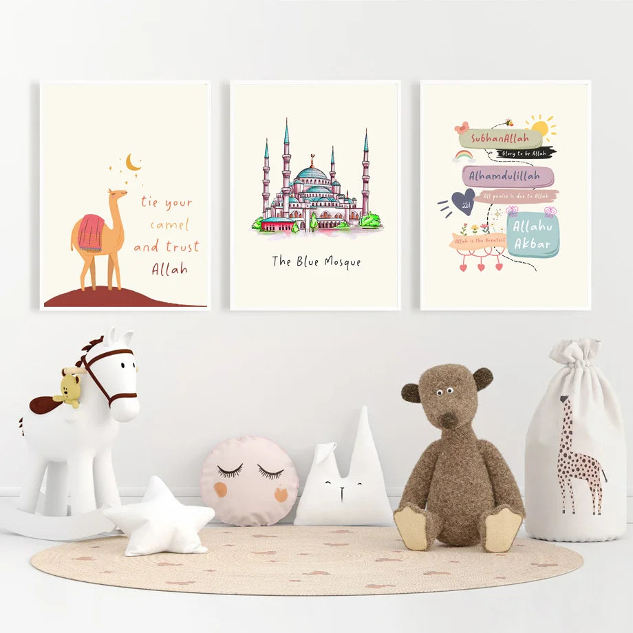 Beige Mosque Allah Camel Rabbit Islamic Wall Art Canvas Painting Posters and Prints Cartoon Pictures for Baby Kids Room Decor