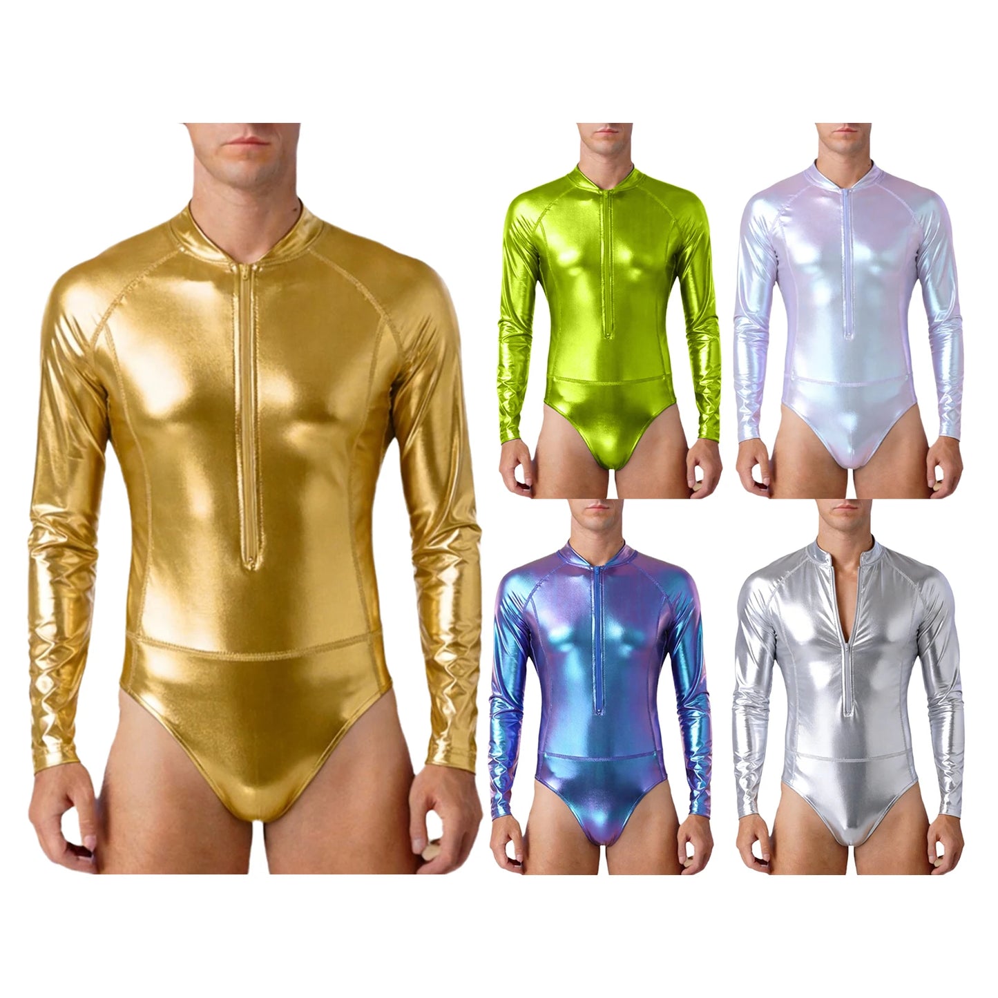 Mens Bathing Suits Swimsuits Metallic Shiny Bodysuit Long Sleeve One-piece for Nightclub Jazz Dance Beach Gymnastics Leotard