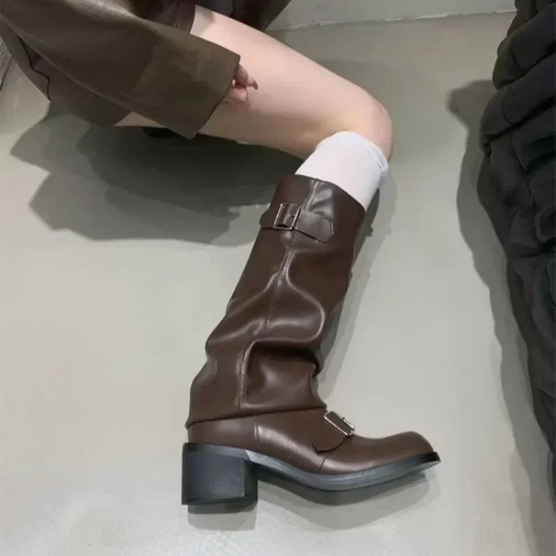 Woman Boots Knee High Platform Chunky Heels Trend Punk Gothic New Rock Leather Fashion Women's Shoes Motorcycle Footwear