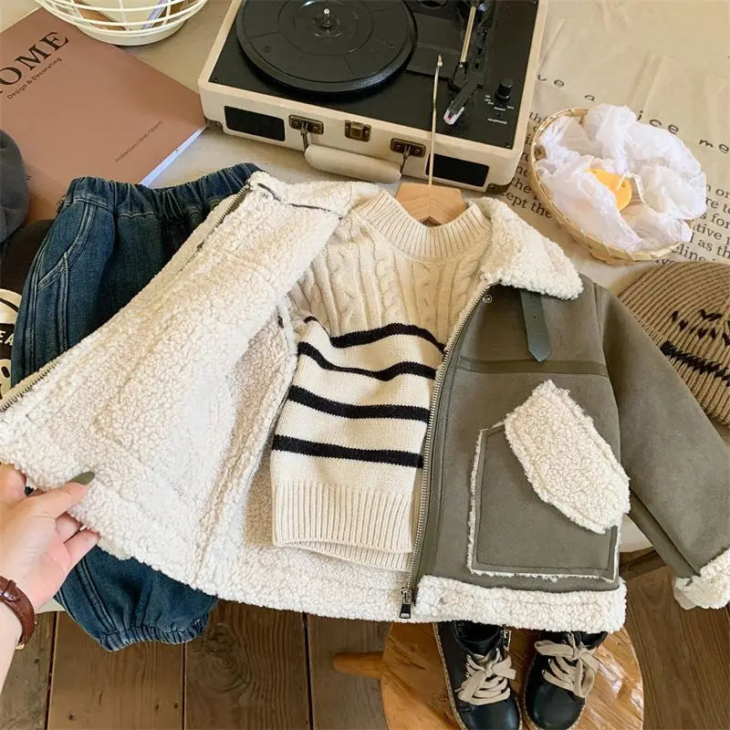 Winter New Children's Jacket Boys and Girls Baby Plush Thickened Cotton Coat Warm Jacket Motorcycle Coat  Autumn